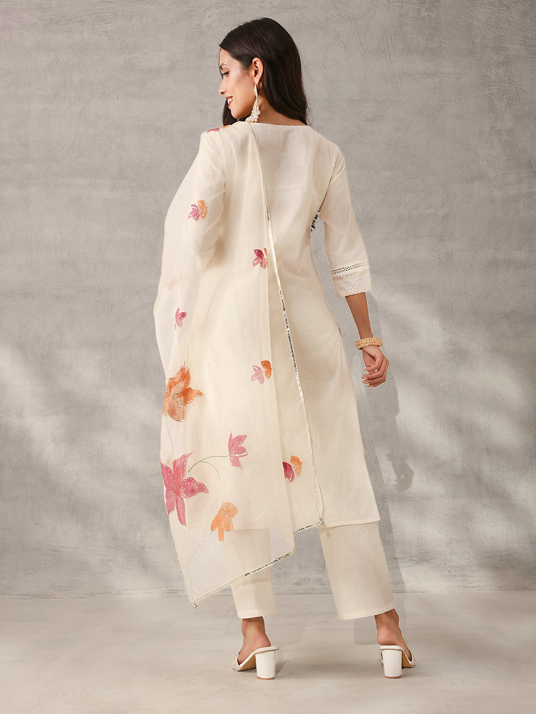 Graceful Off-White Cotton Embroidered straight fit Kurta Set with Hand-Painted Dupatta