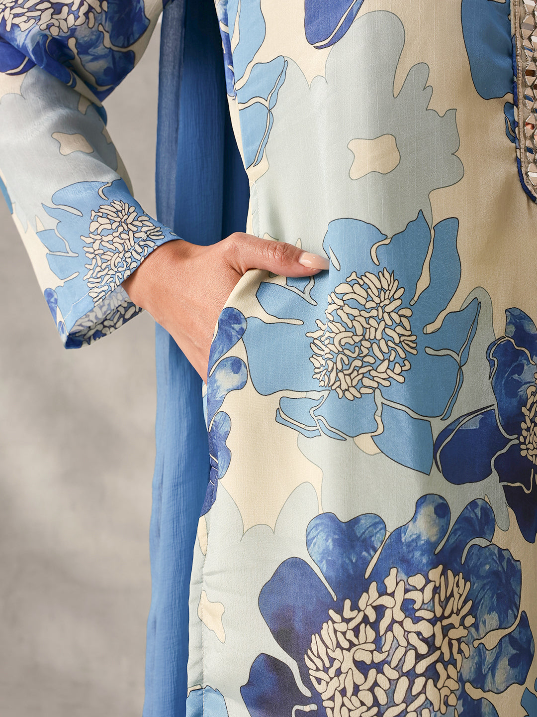 Soft off white Chinon Floral Printed straight fit Kurta Set with Dupatta
