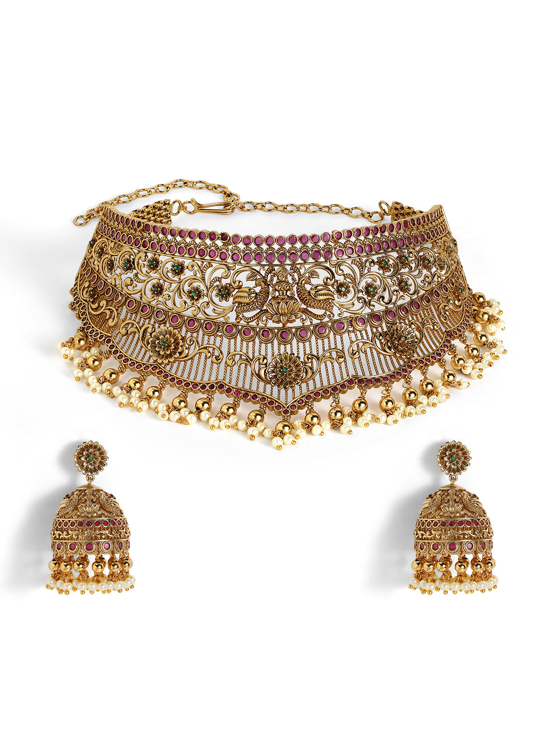 Ishin Floral Elegance Goddess Pattern Gold Plated Necklace Drop Earrings Jewellery Set