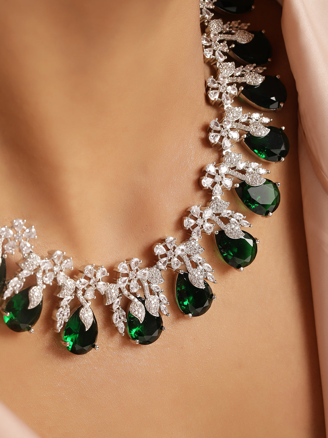 Ishin Green Colour Silver Plated American Diamond Drop Earring
