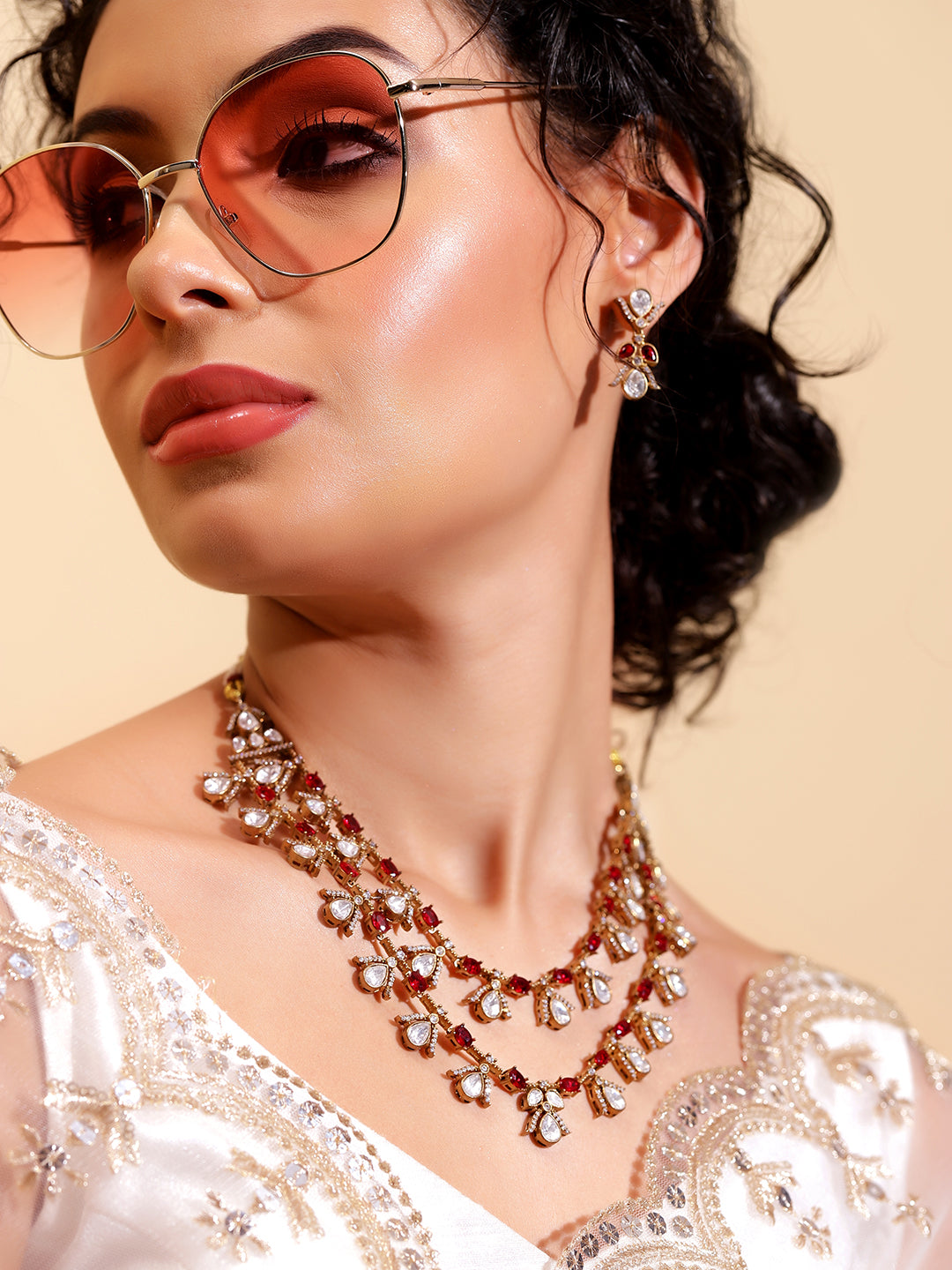Ishin Red  Colour Gold Plated Jewellery set