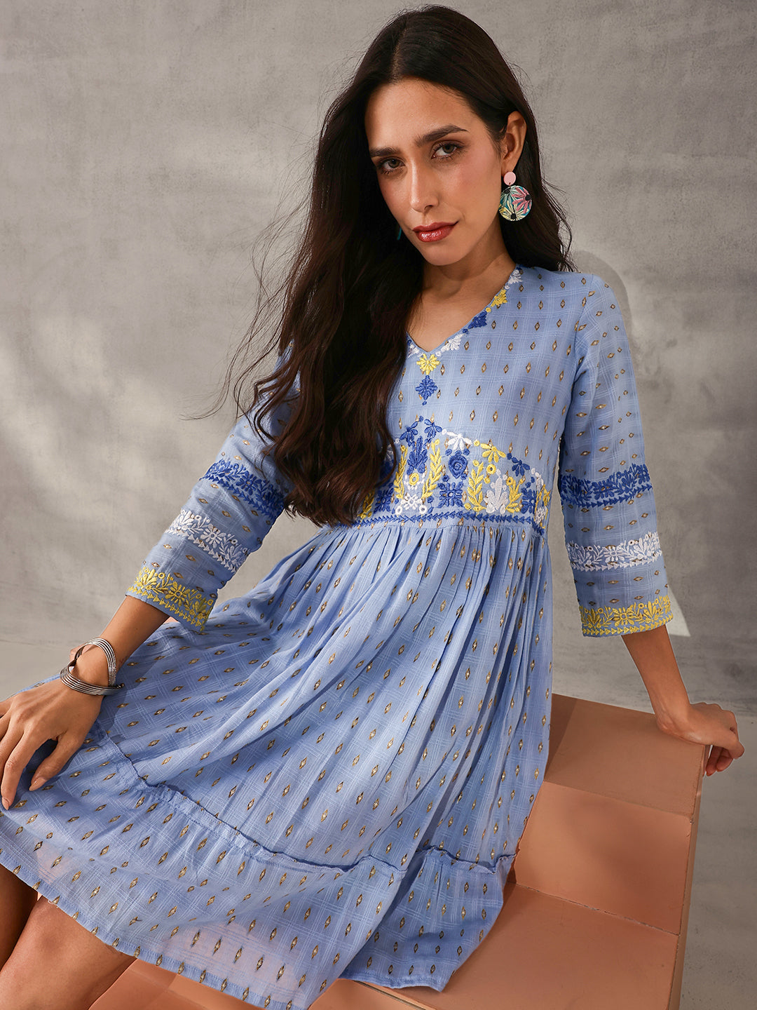 Comfy blue Cotton Dobby Embroidered Regular Fit Dress