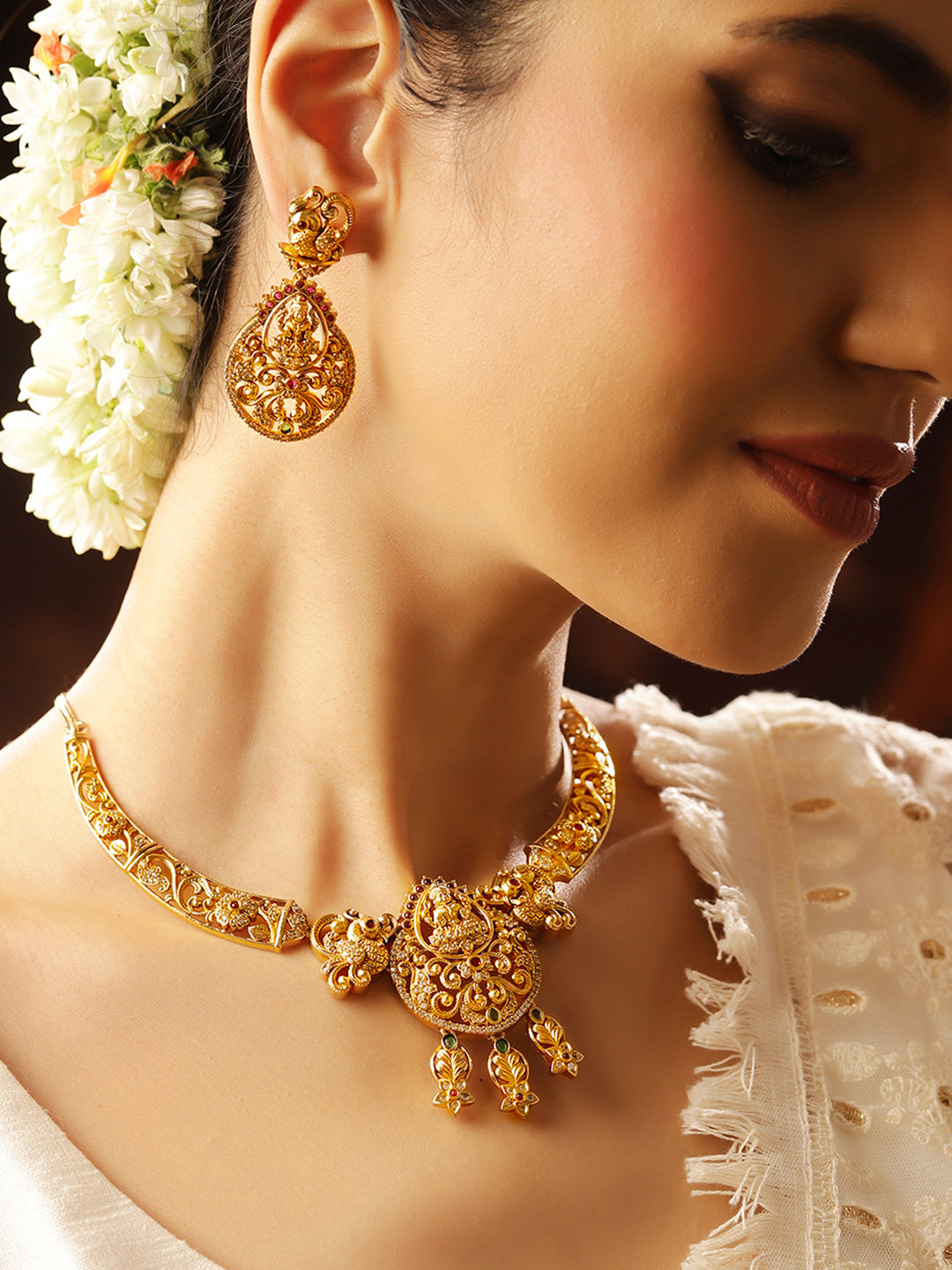 Ishin Floral Style Gold Plated AD stoned Necklace and Drop Earrings Jewellery Set