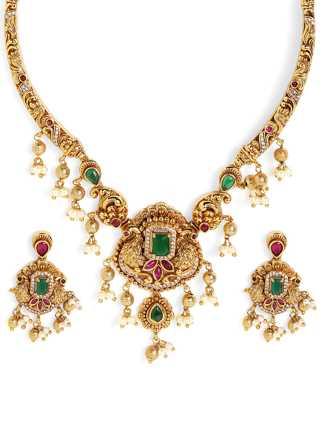 Ishin Goddess Floral Style AD Gold Plated Choker Necklace and Drop Earrings Jewellery Set