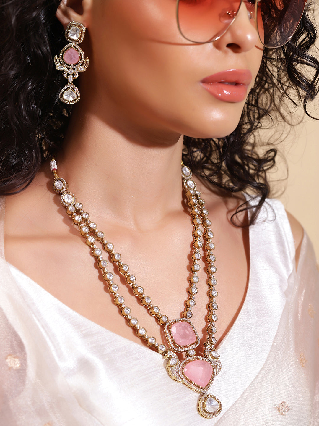 Ishin Pink  Colour Gold Plated Jewellery set