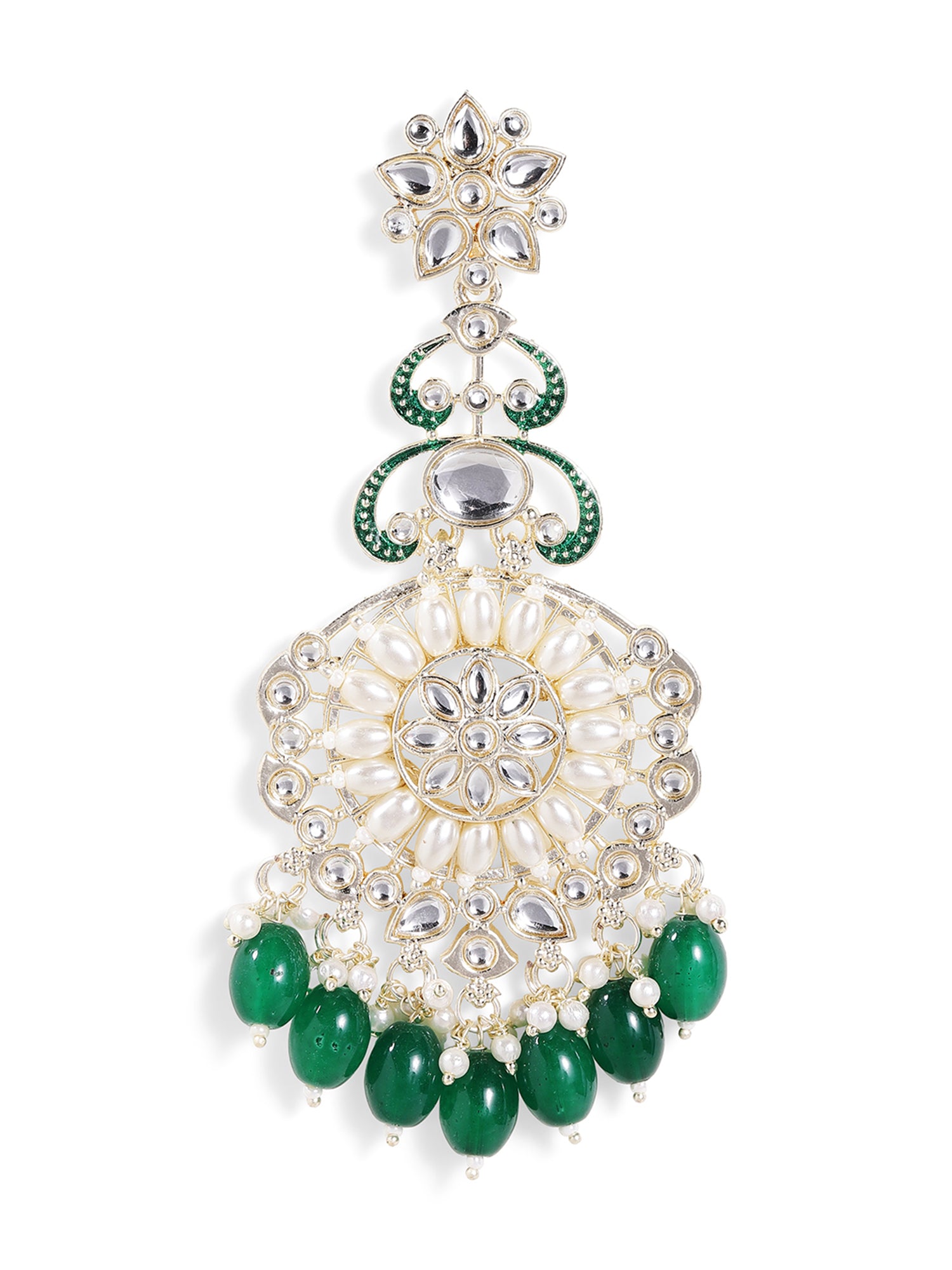 Ishin Kundan Pearl Style Floral Pattern Gold Plated Green Beads Drop Earrings
