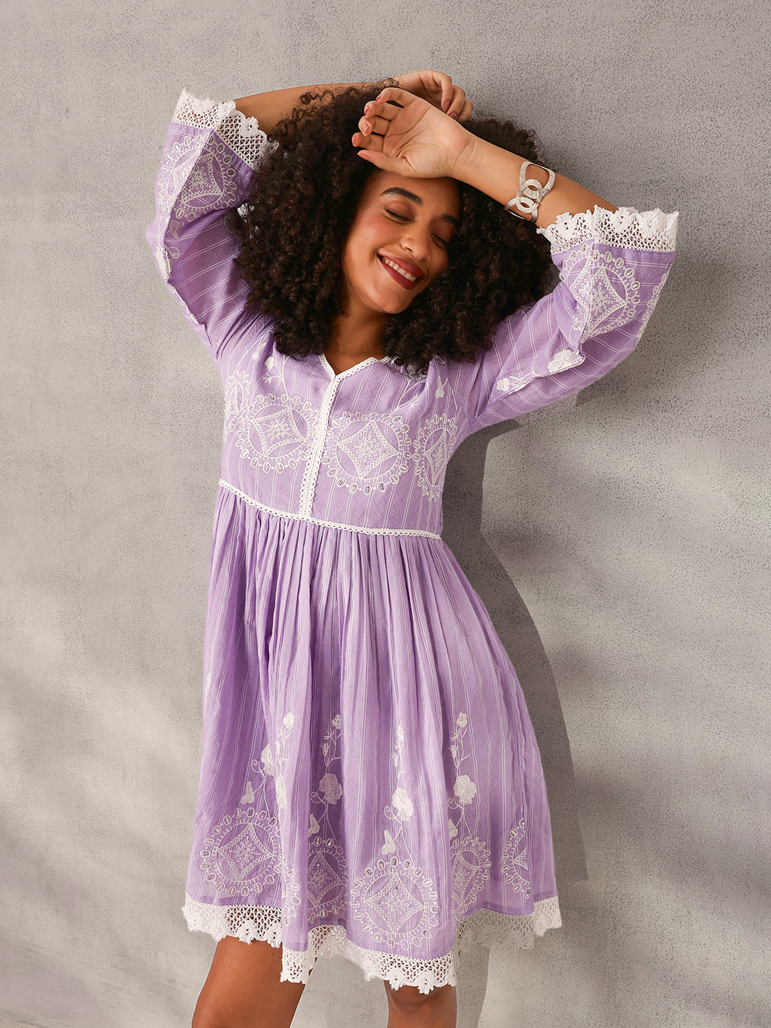 Comfy Lavender Cotton Embroidered Fit & Flare Dress