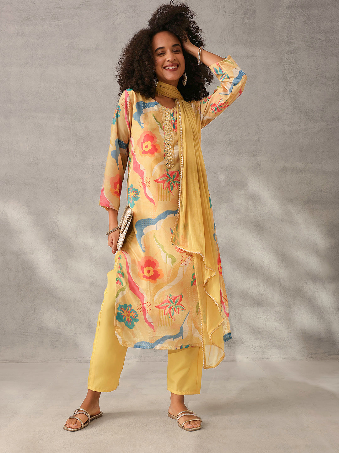 Soft Yellow Chinon Floral Printed Kurta Set with Dupatta