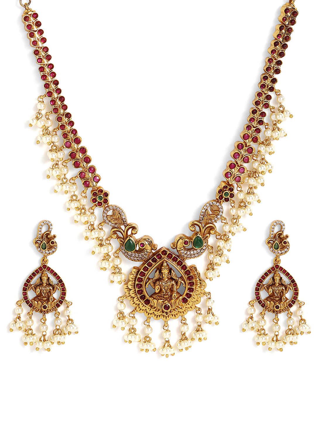 Ishin Green stoned Ethnic Elegance Gold Plated Necklace Drop Earrings Jewellery Set