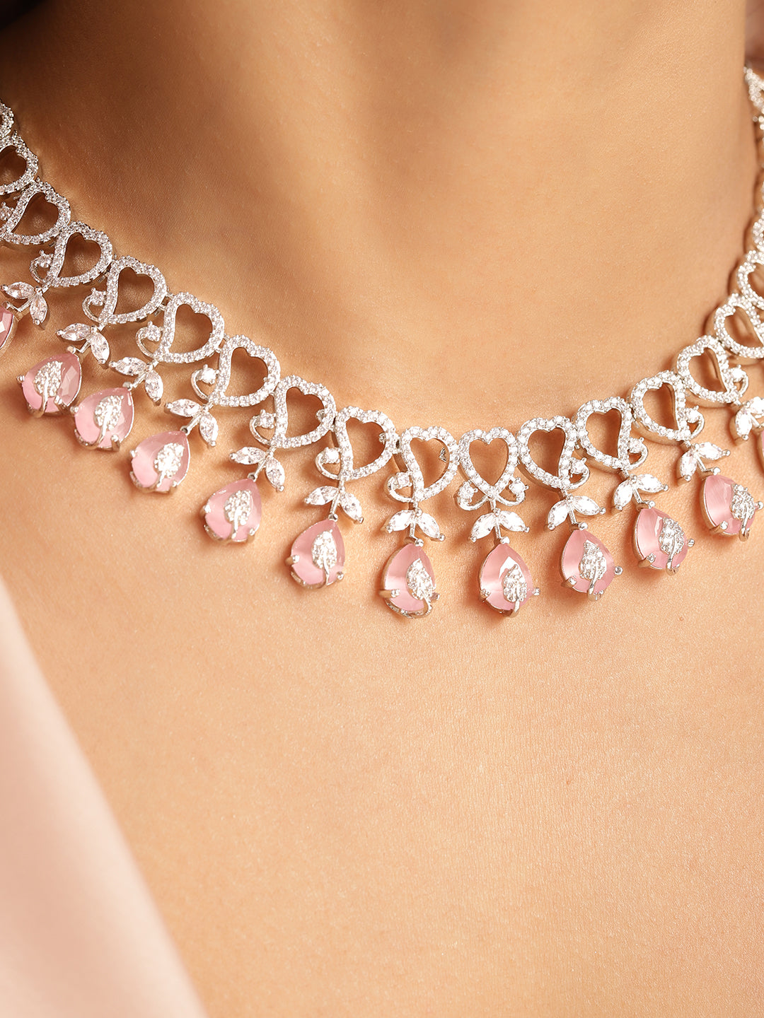 Ishin Pink Colour Silver Plated American Diamond Jewellery Set