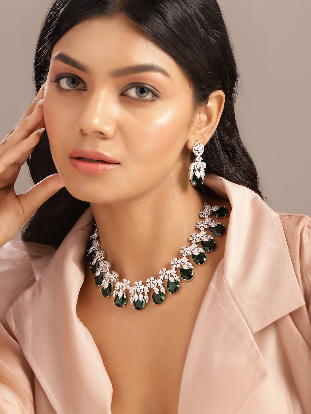 Ishin Green Colour Silver Plated American Diamond Drop Earring