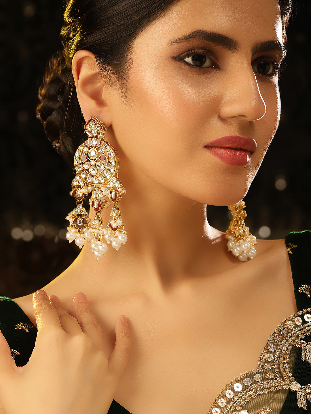 Ishin Maroon Kundan Pattern Floral Elegance Gold Pattern Drop Earrings