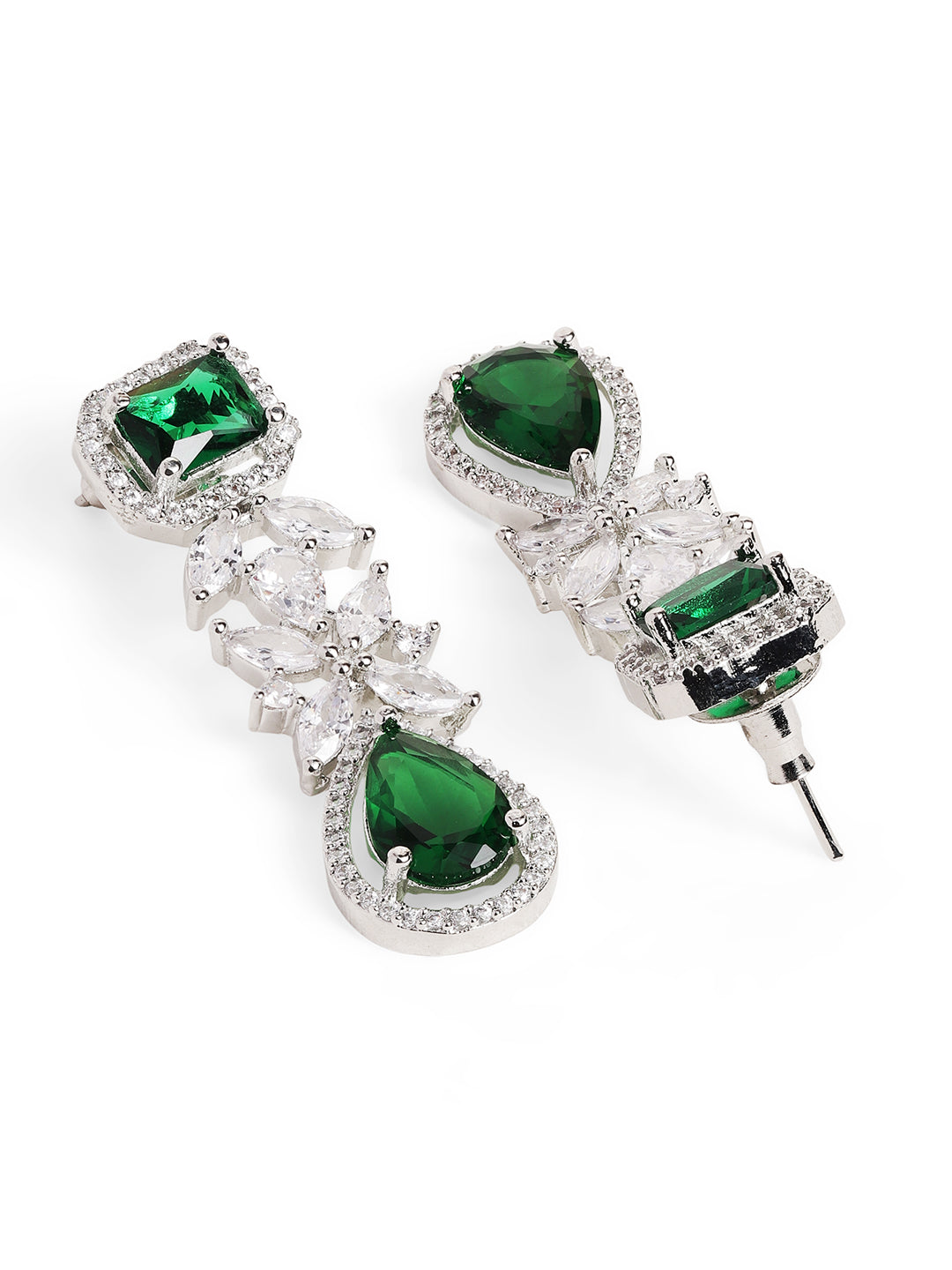 Ishin Green Colour Silver Plated American Diamond Jewellery Set