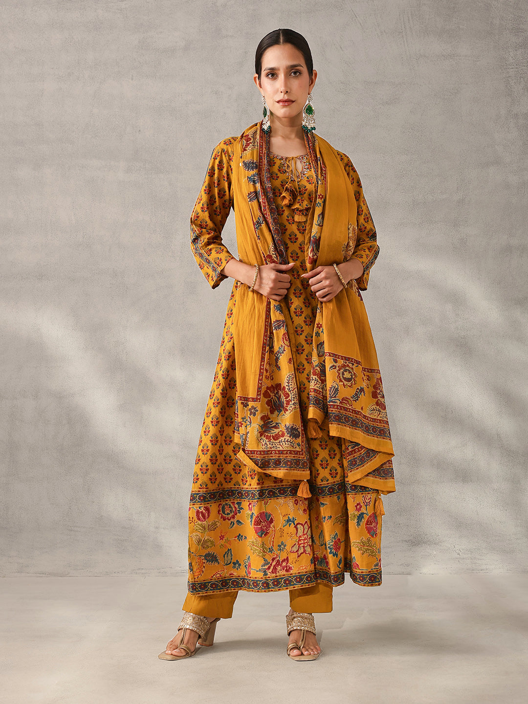 Graceful Mustard Cotton Floral Printed A-line fit Kurta Set with Dupatta