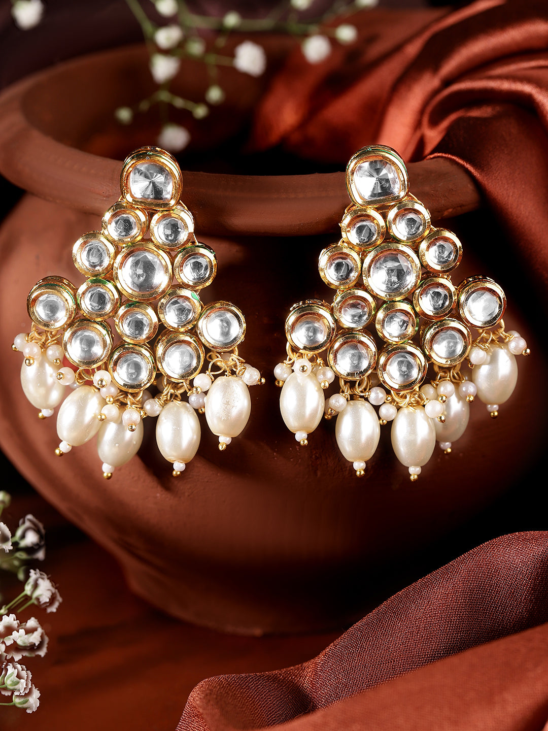 Ishin White Colour Gold plated Kundan Drop Earring