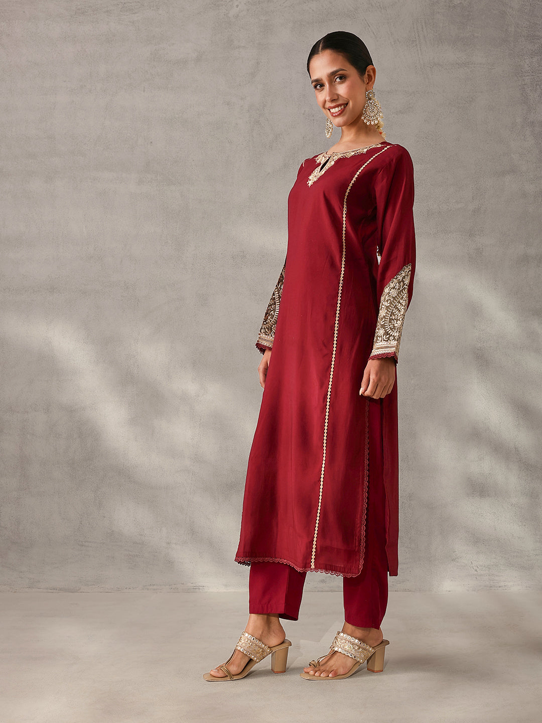 Rich Maroon Roman Silk Zari Embroidered Straight Fit Kurta Set with Dupatta