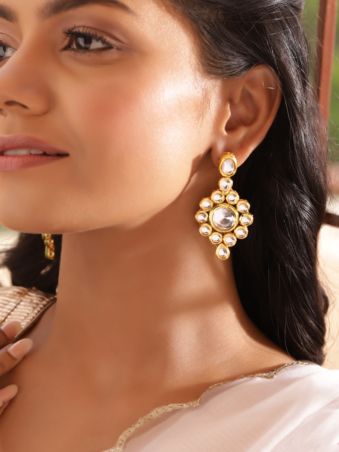 Ishin White Colour Gold plated Kundan Drop Earring