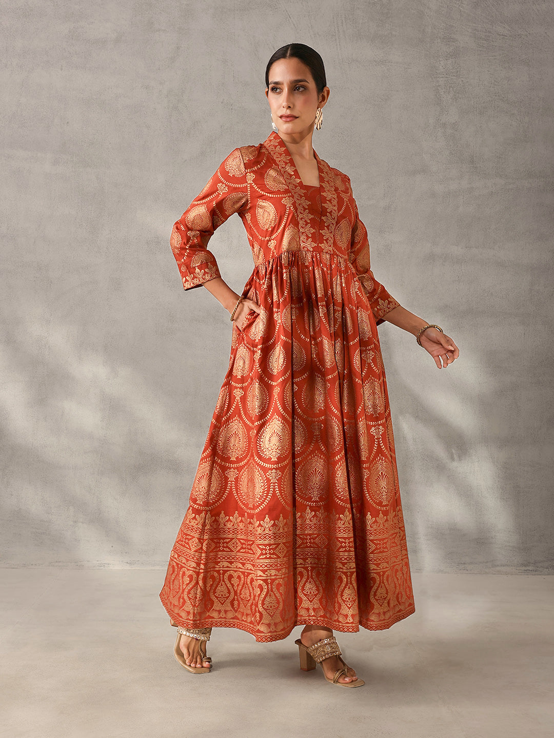 Rich Rust Chinon Foil Printed Fit & Flare Kurta