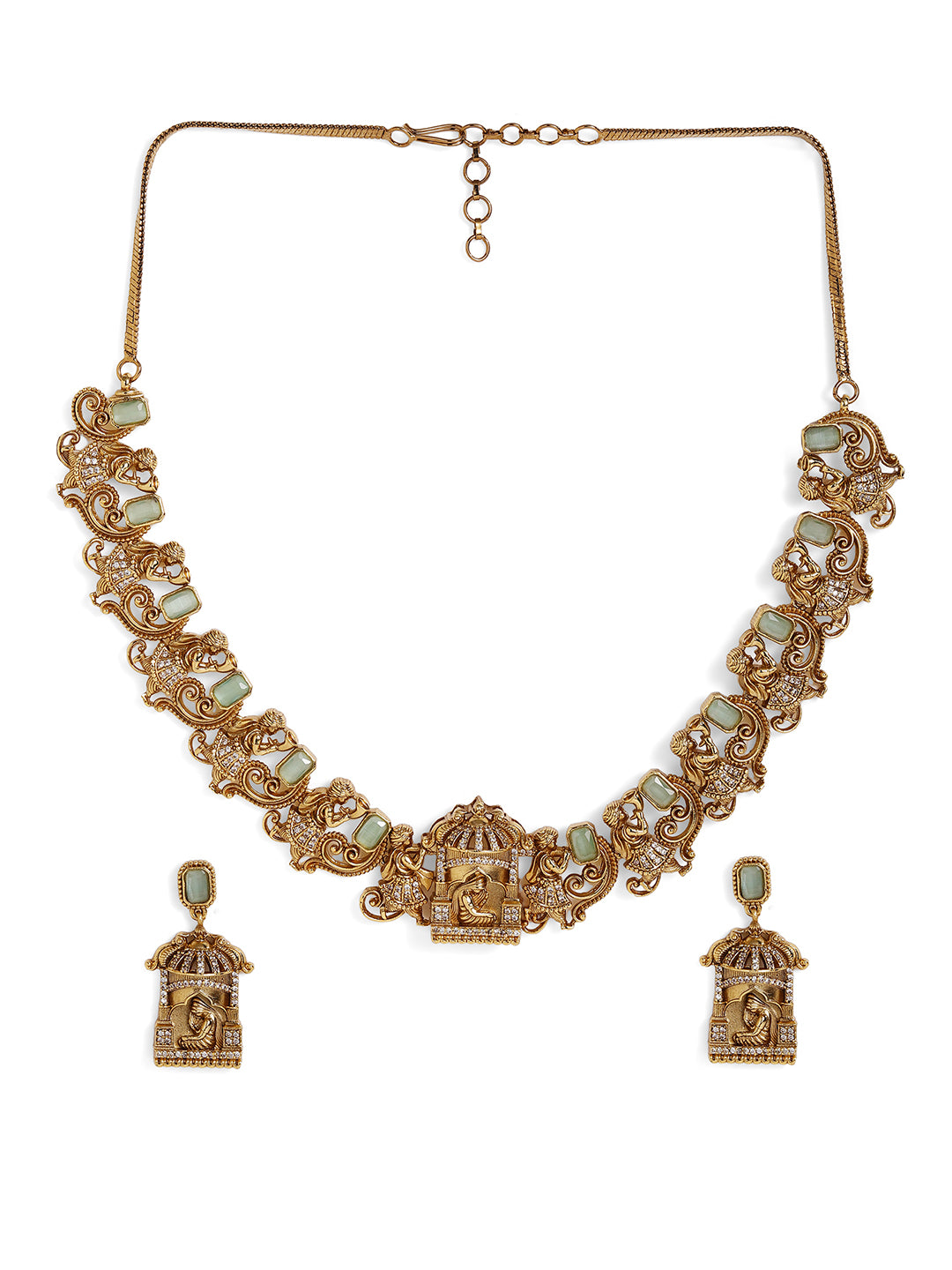 Ishin Carved Floral Design Gold Plated Necklace Drop Style Earrings Jewellery Set