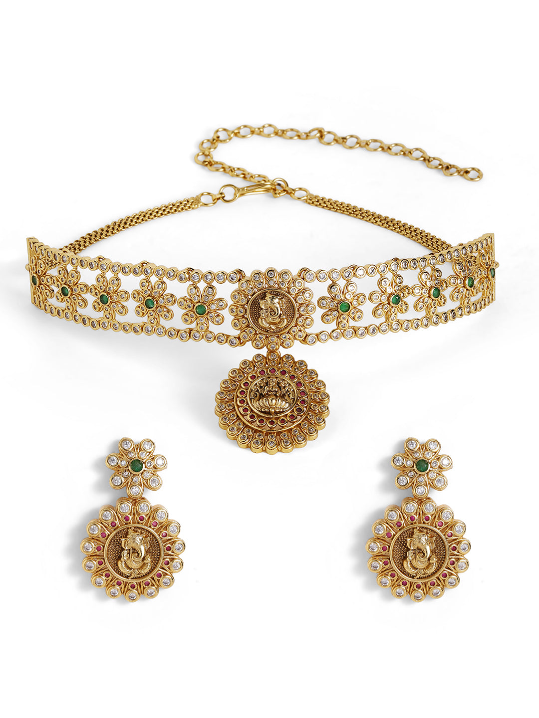 Ishin Goddess Pattern Gold Plated Floral style Necklace Drop Earrings Jewellery Set