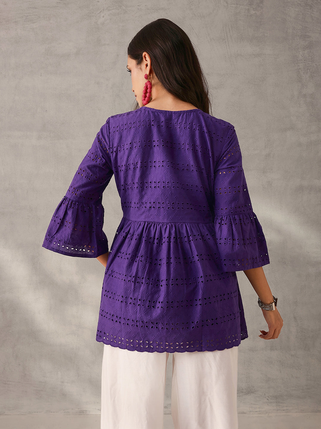 Comfy Purple Cotton Schiffli Regular Fit Top