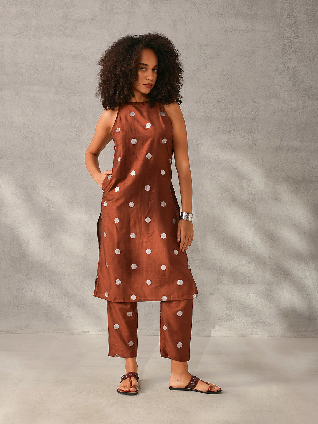 Soft Brown Chinon Foil Printed Straight Fit Kurta Set