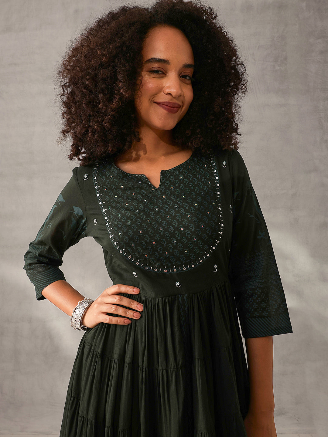 Graceful Green Cotton Printed with Embroidered Fit & Flare Gown