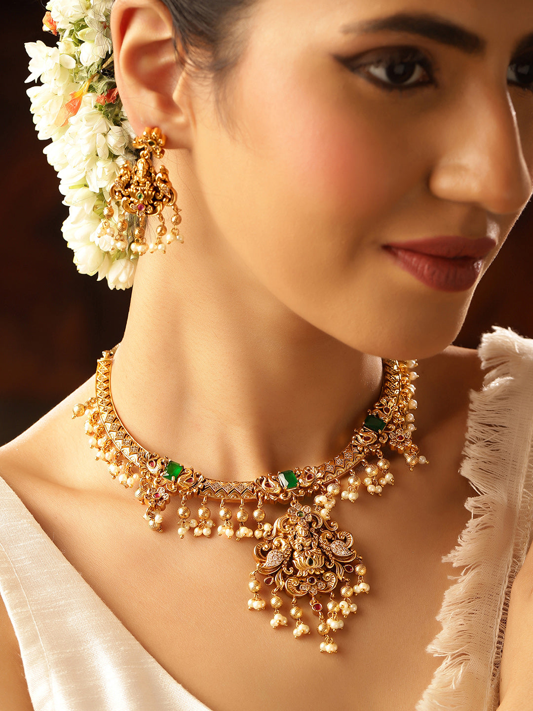 Green Stoned Goddess Pattern Pearl Beads Gold Plated Necklace and Drop Earrings Jewellery Set