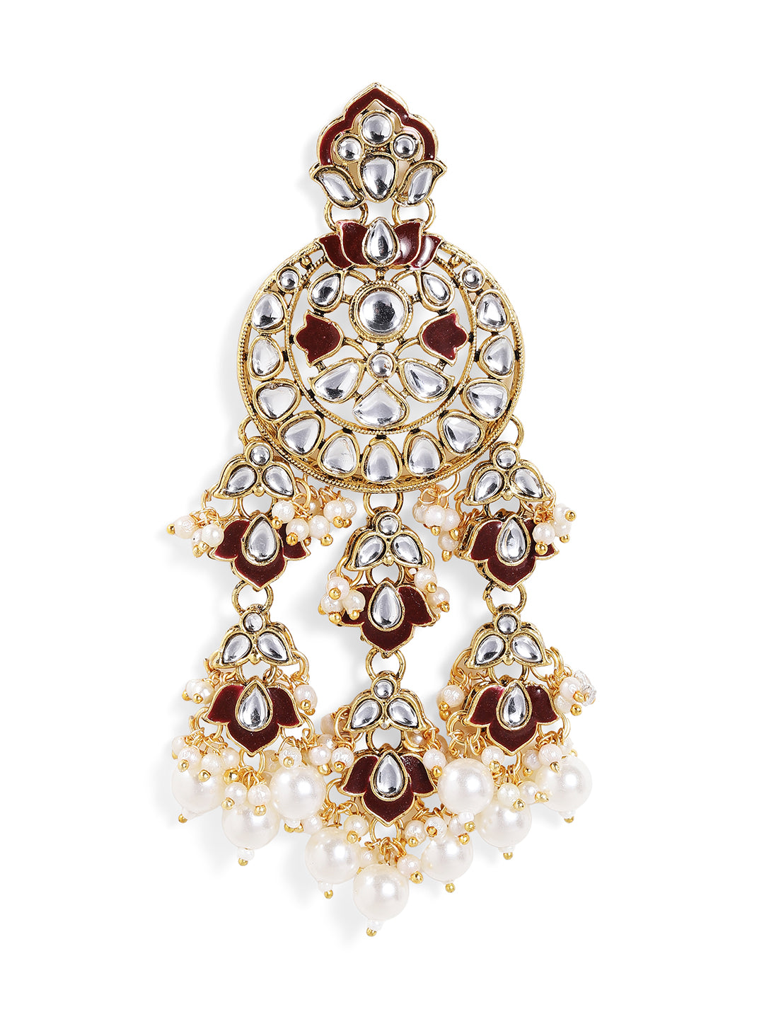 Ishin Maroon Kundan Pattern Floral Elegance Gold Pattern Drop Earrings