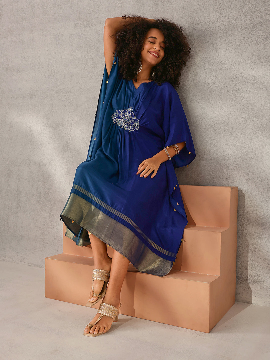 Rich Blue Silk Blend Ombre with Embroidered Kaftan