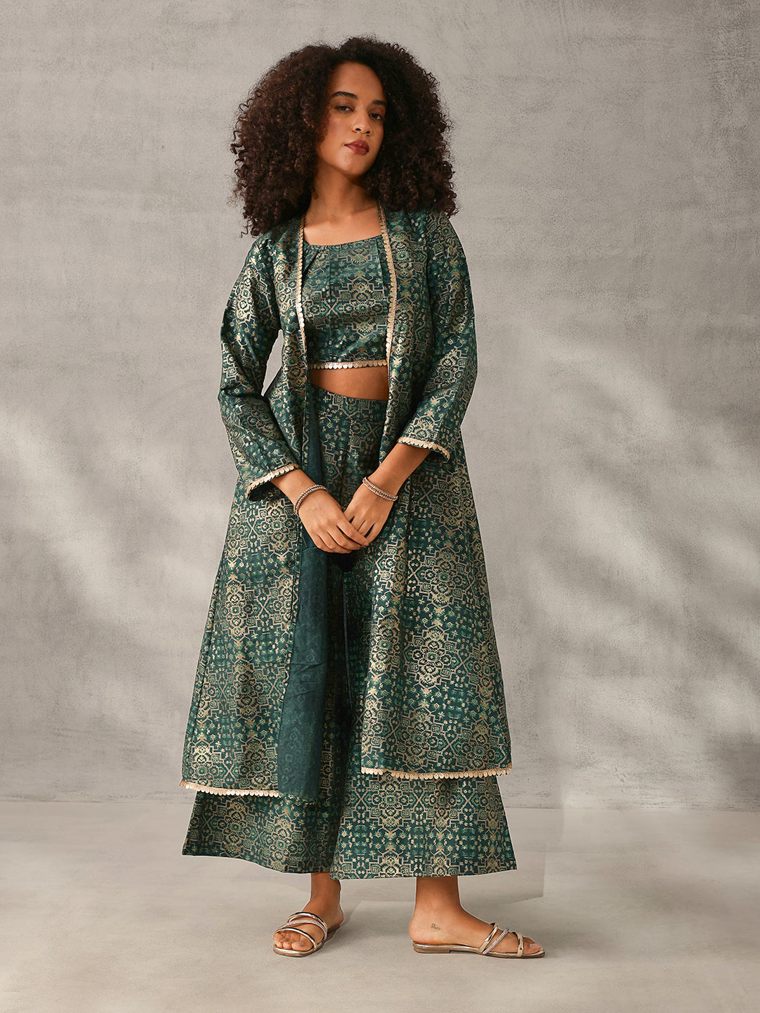 Rich Green Chinon Foil Printed Regular Fit Co-ords with Palazzo Bottom