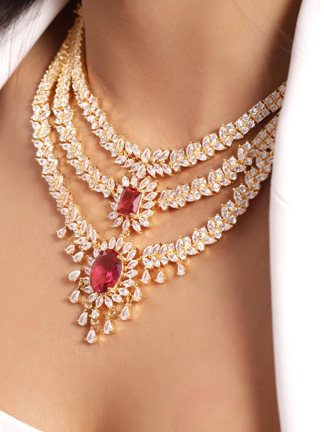 Ishin Red Colour Gold Plated American Diamond Jewellery Set