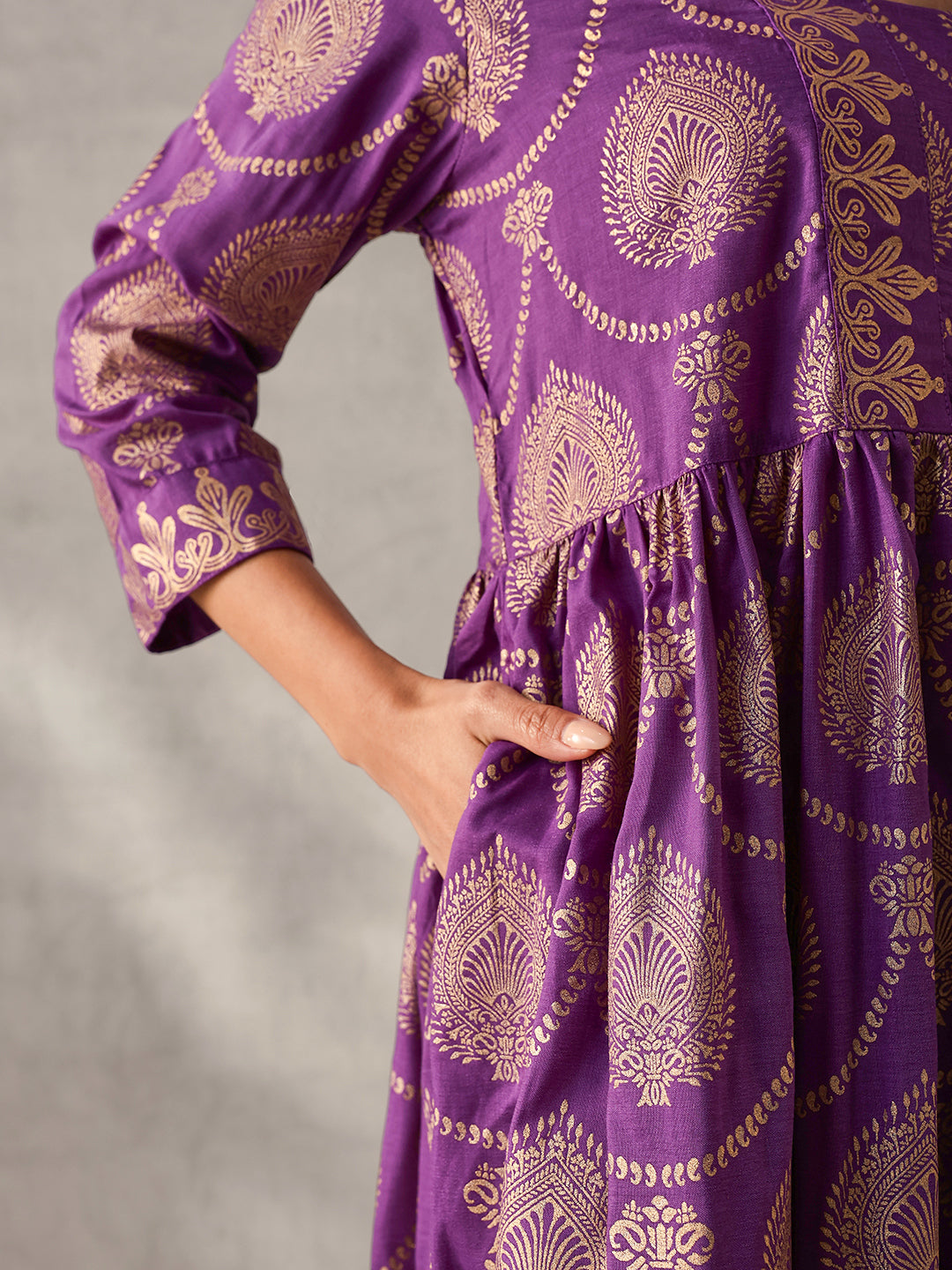 Rich Rust Purple Foil Printed Fit & Flare Kurta