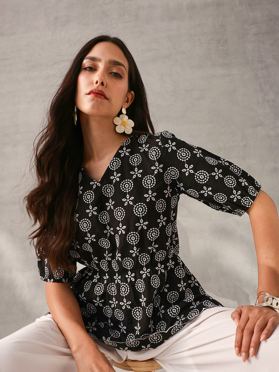 Comfy Black Cotton Embroidered Regular Fit Top