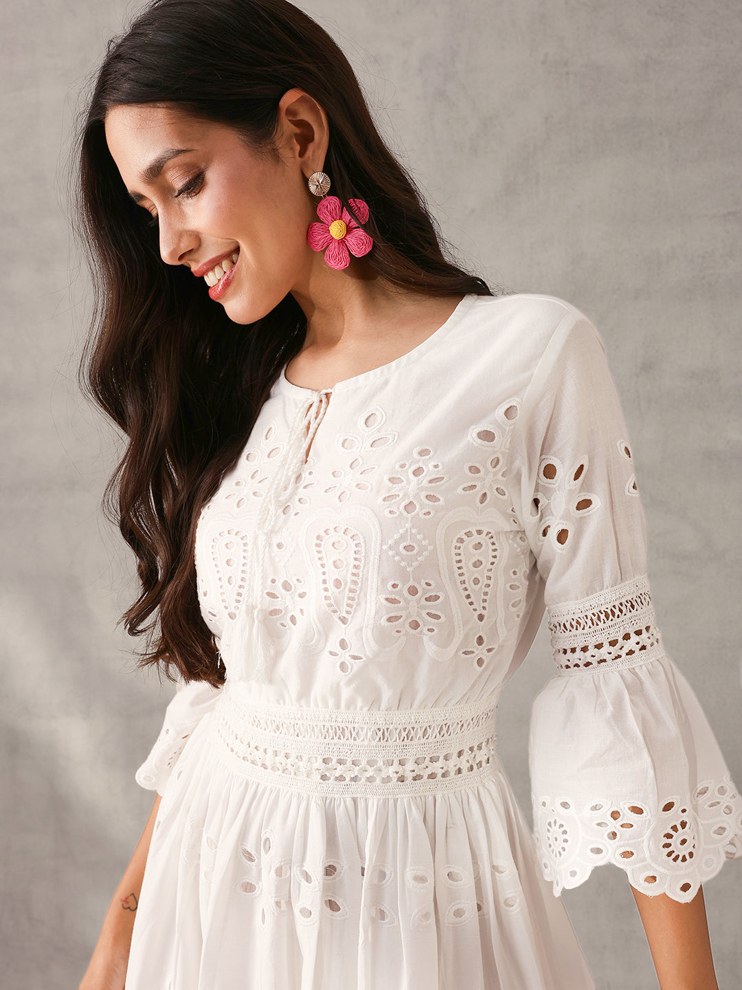 Comfy White Cotton Schiffli Regular Fit Dress