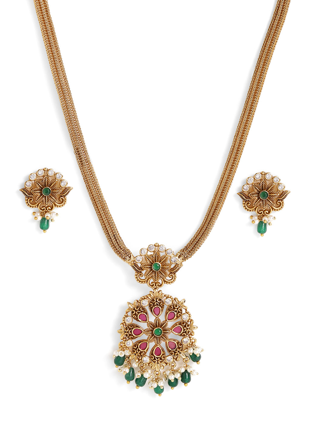 Ishin Floral Style Green Beads Gold Plated necklace Mini Drop Earrings Jewellery Set