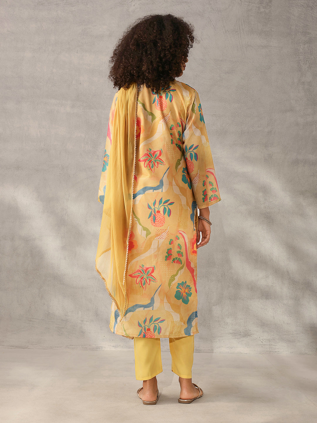 Soft Yellow Chinon Floral Printed Kurta Set with Dupatta