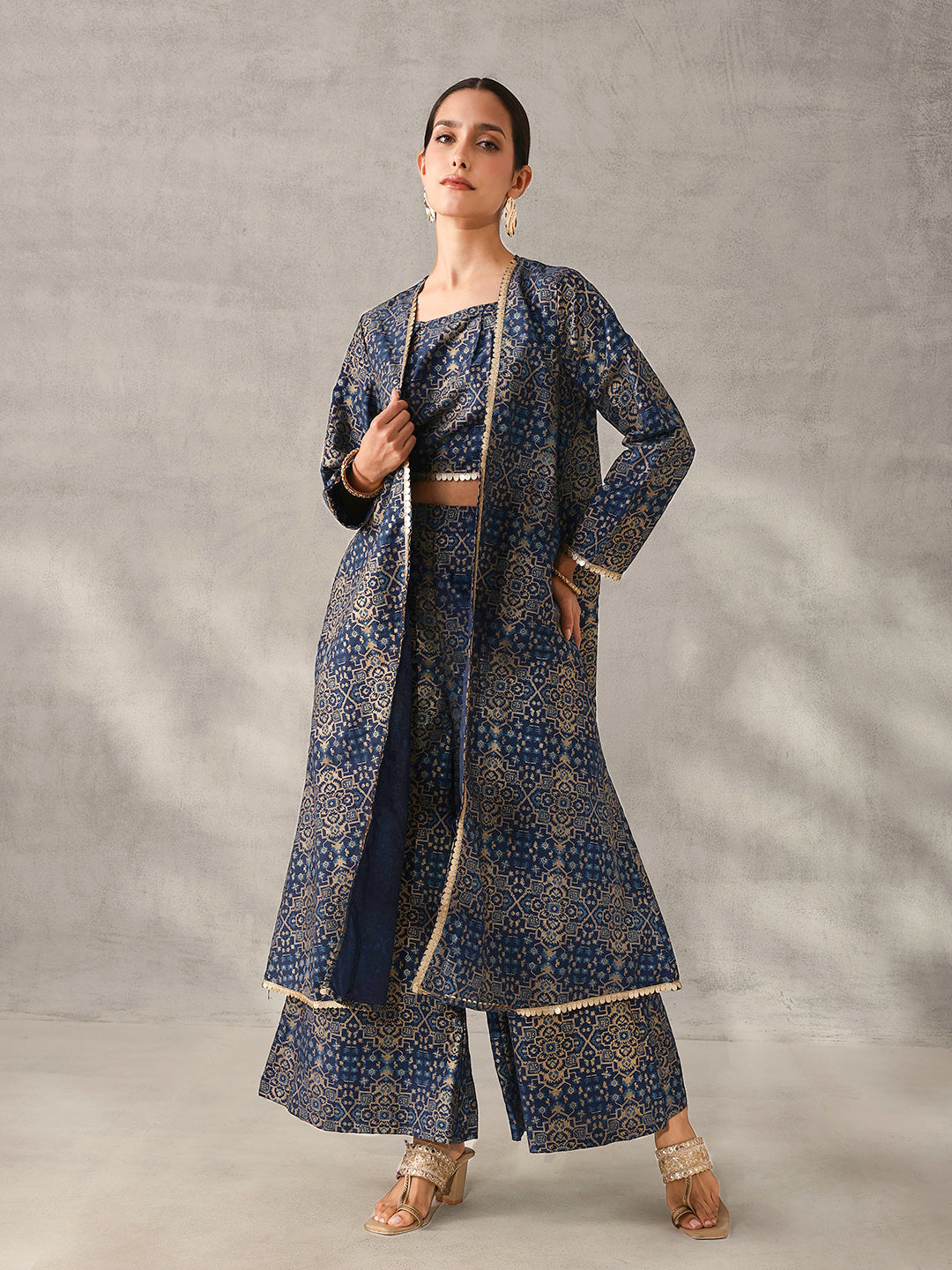 Rich Blue Chinon Foil Printed Regular Fit Co-ords with Palazzo Bottom