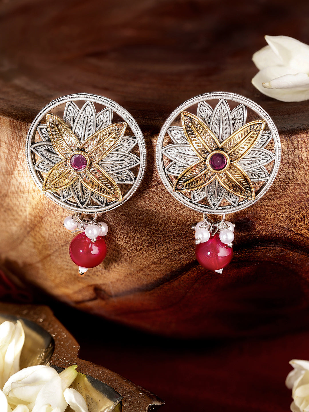 Ishin Maroon Colour Silver Plated Beads Stud Earring