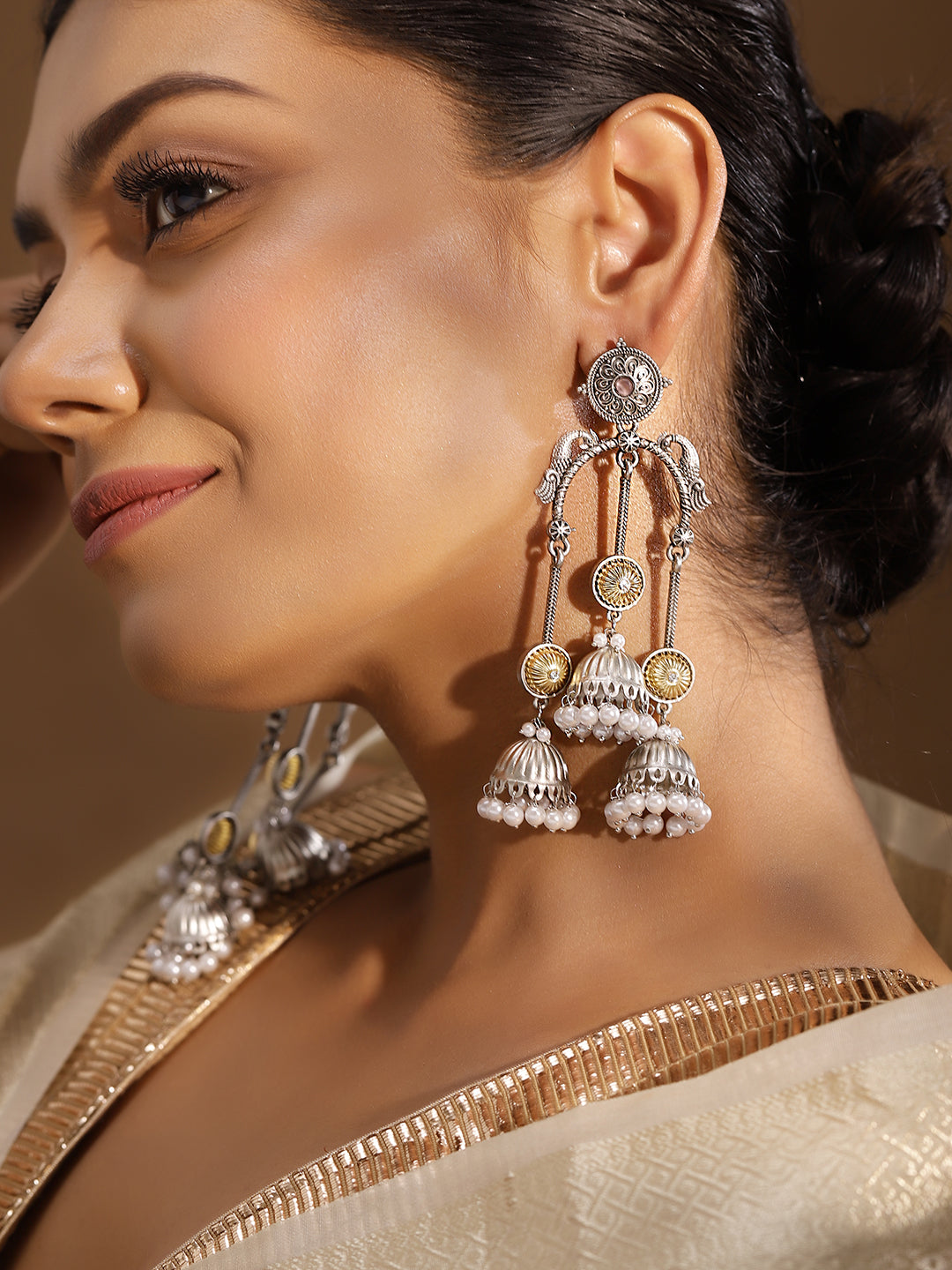 Ishin Silver Colour Silver Plated Beads Jhumka Earring