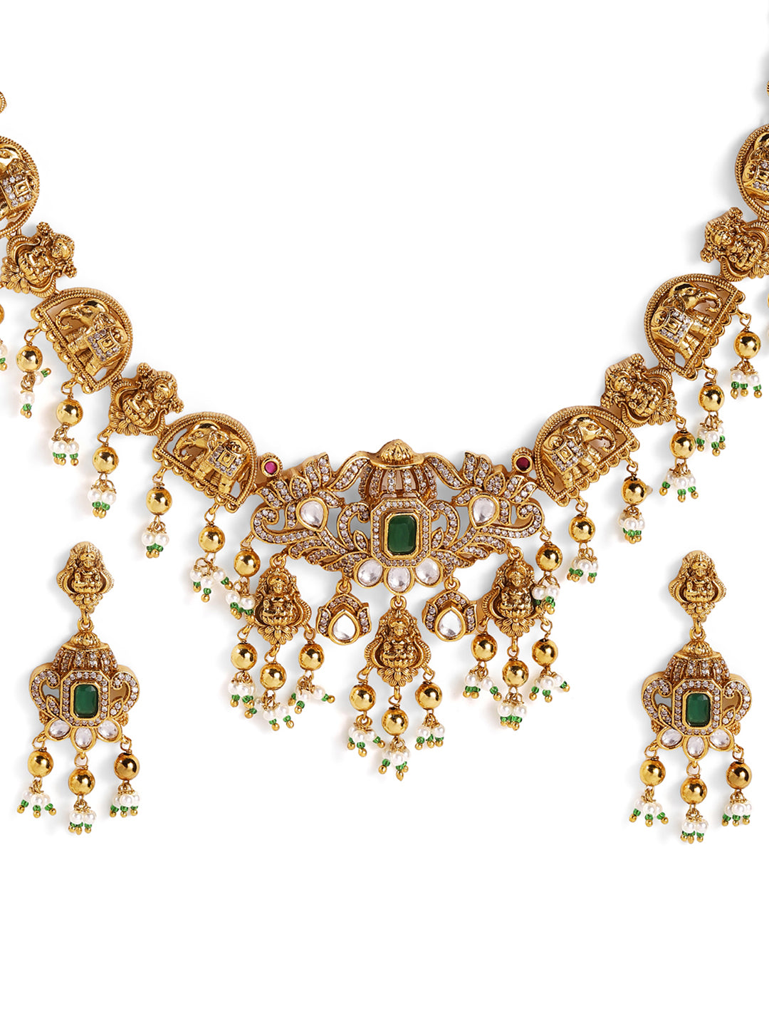Ishin Goddess And Twin Elephant Elegance Gold Plated AD Necklace and Drop Earrings Jewellery Set
