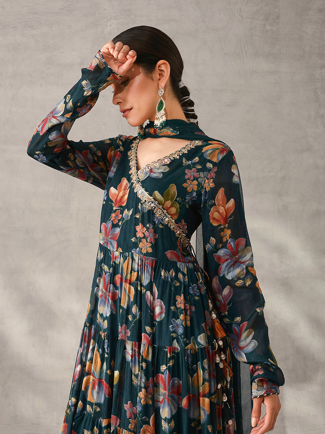 Graceful Blue Chinon Floral Printed Tiered Kurta Set with Dupatta