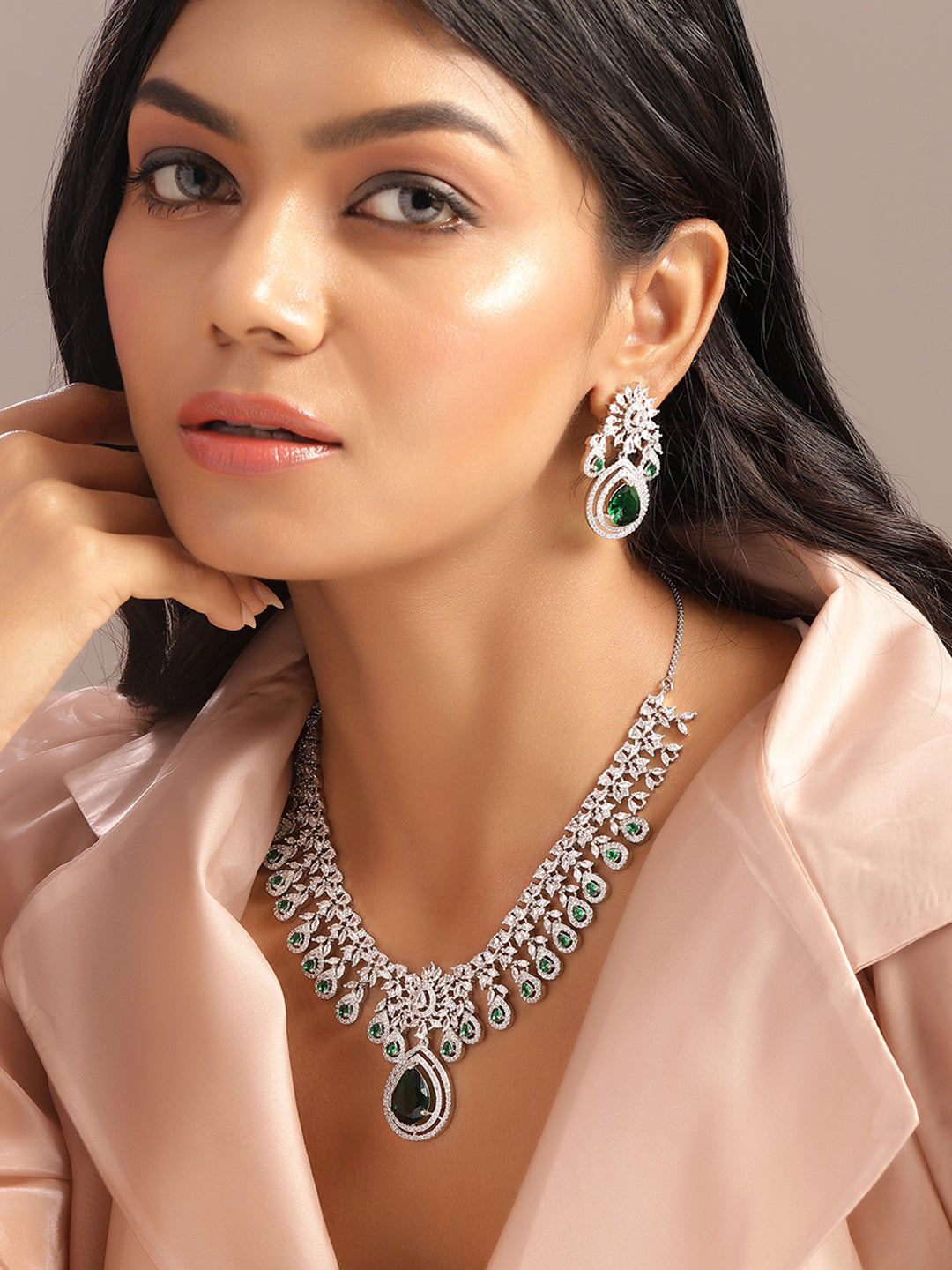 Ishin Green Colour Silver Plated American Diamond Jewellery Set