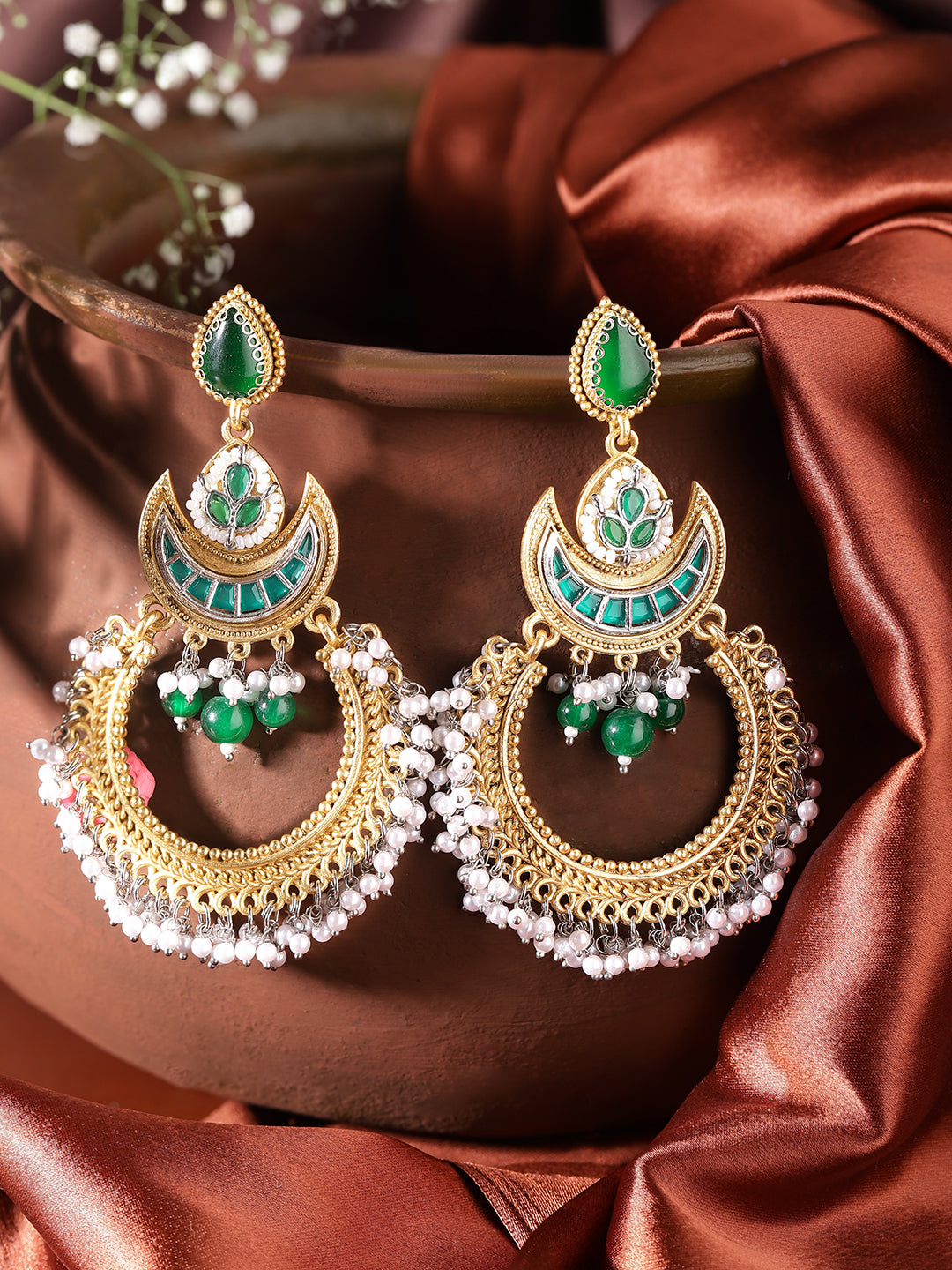 Ishin Green Colour Gold Plated Chandbali Earring