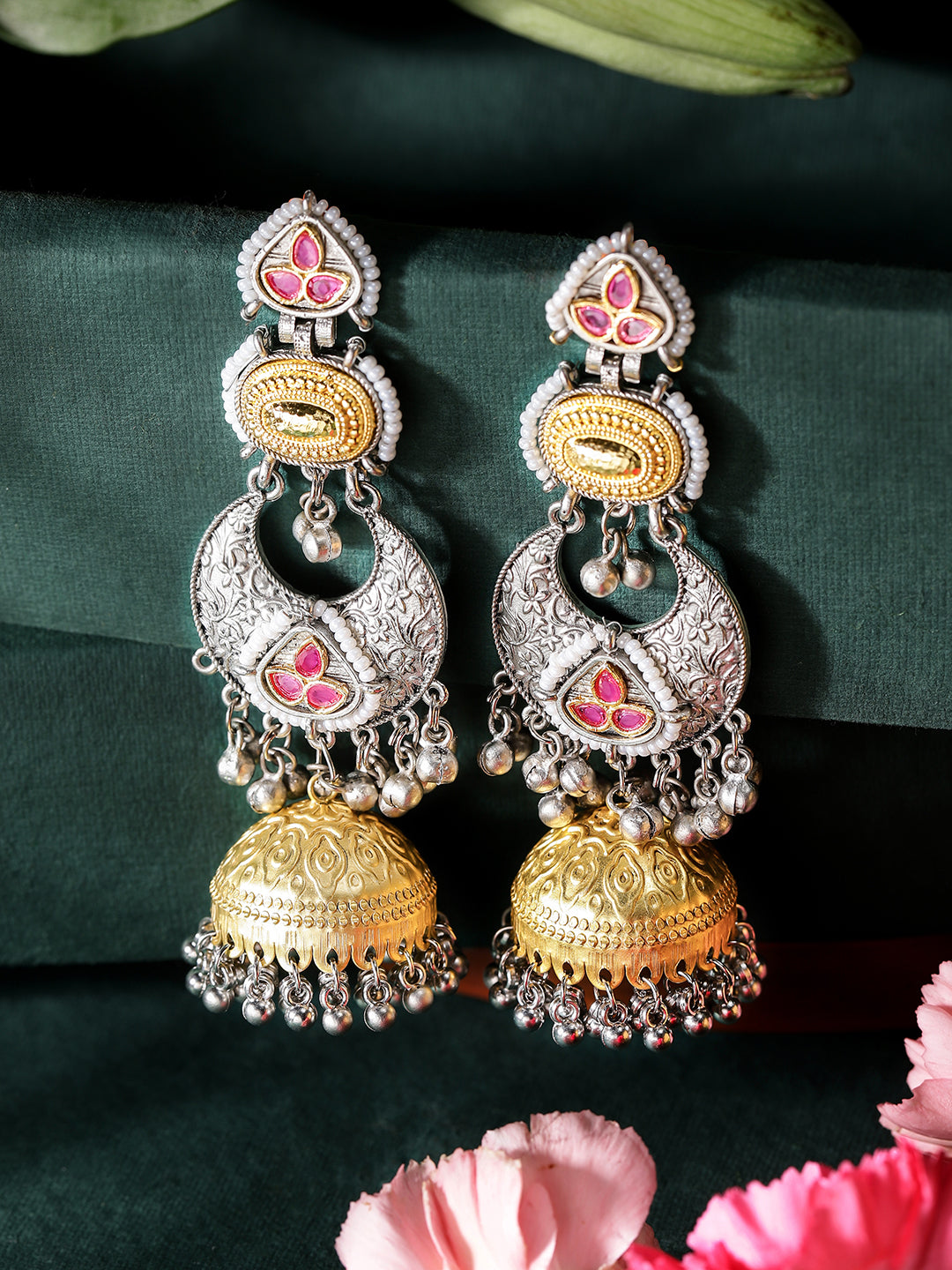 Ishin Pink Colour Silver Plated Jhumka Earring
