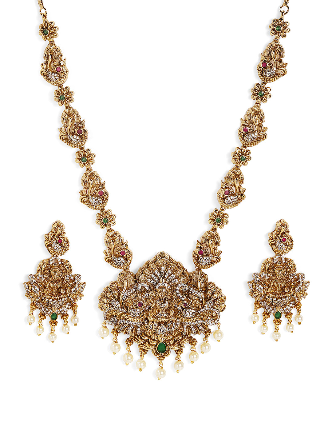 Ishin AD Elegance Green Beads Gold Plated Necklace and Drop Earrings Jewellery Set