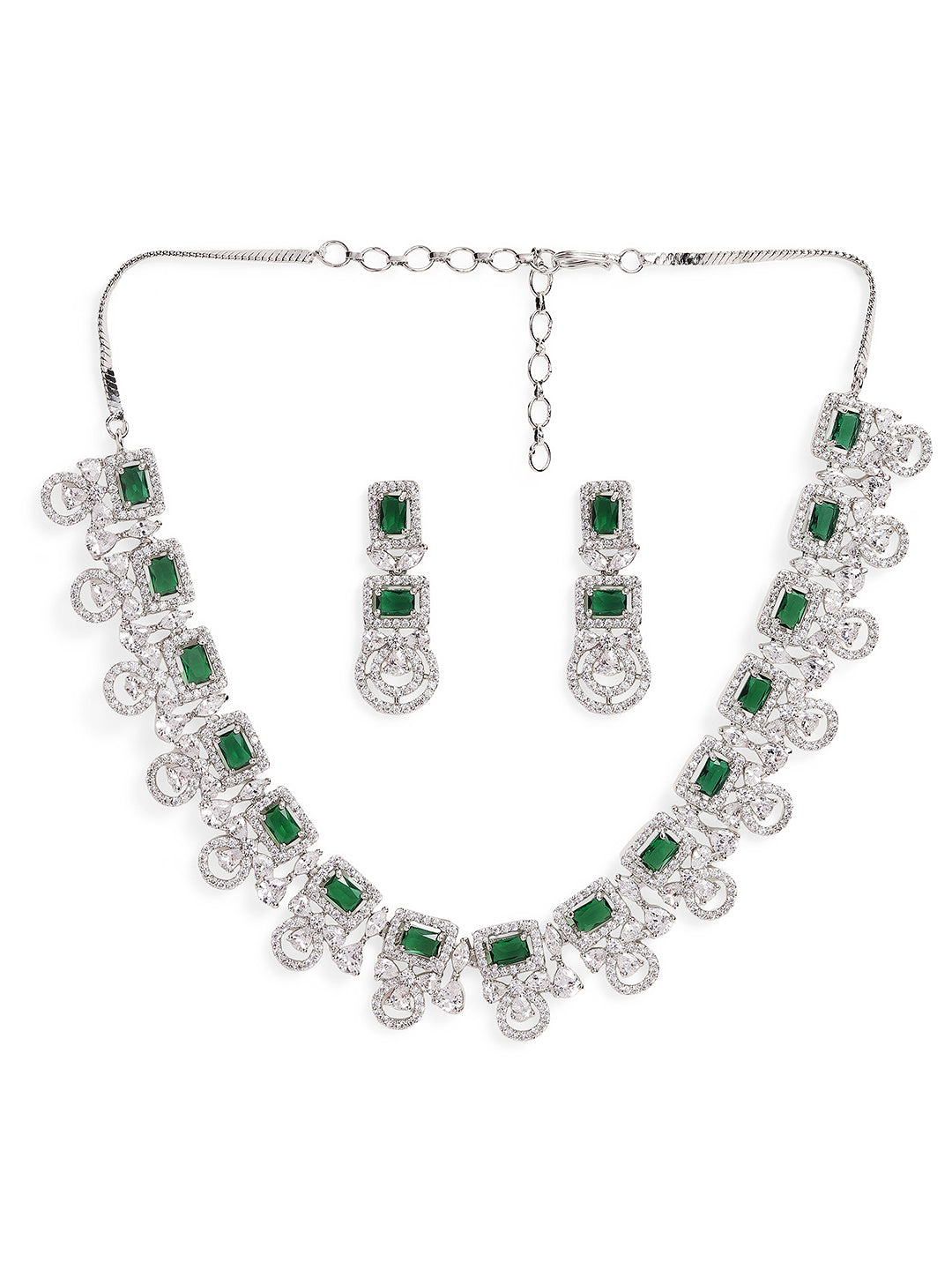 Ishin Green Colour Silver Plated American Diamond Jewellery Set