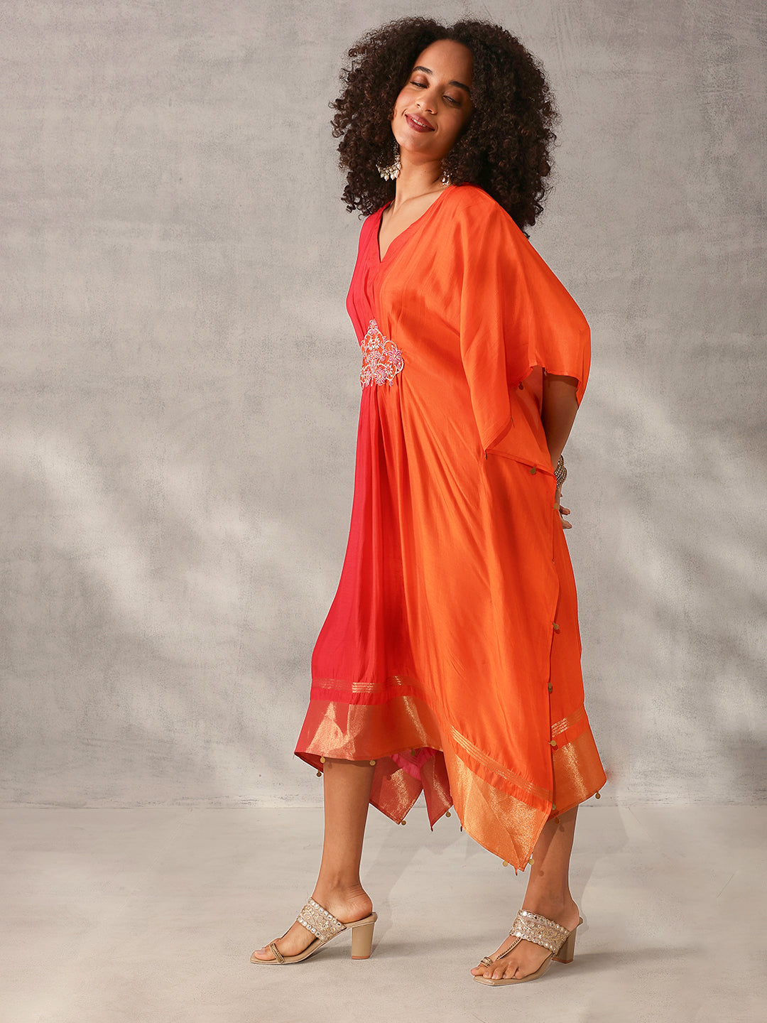 Rich Pink Silk Blend Ombre with Embroidered Kaftan