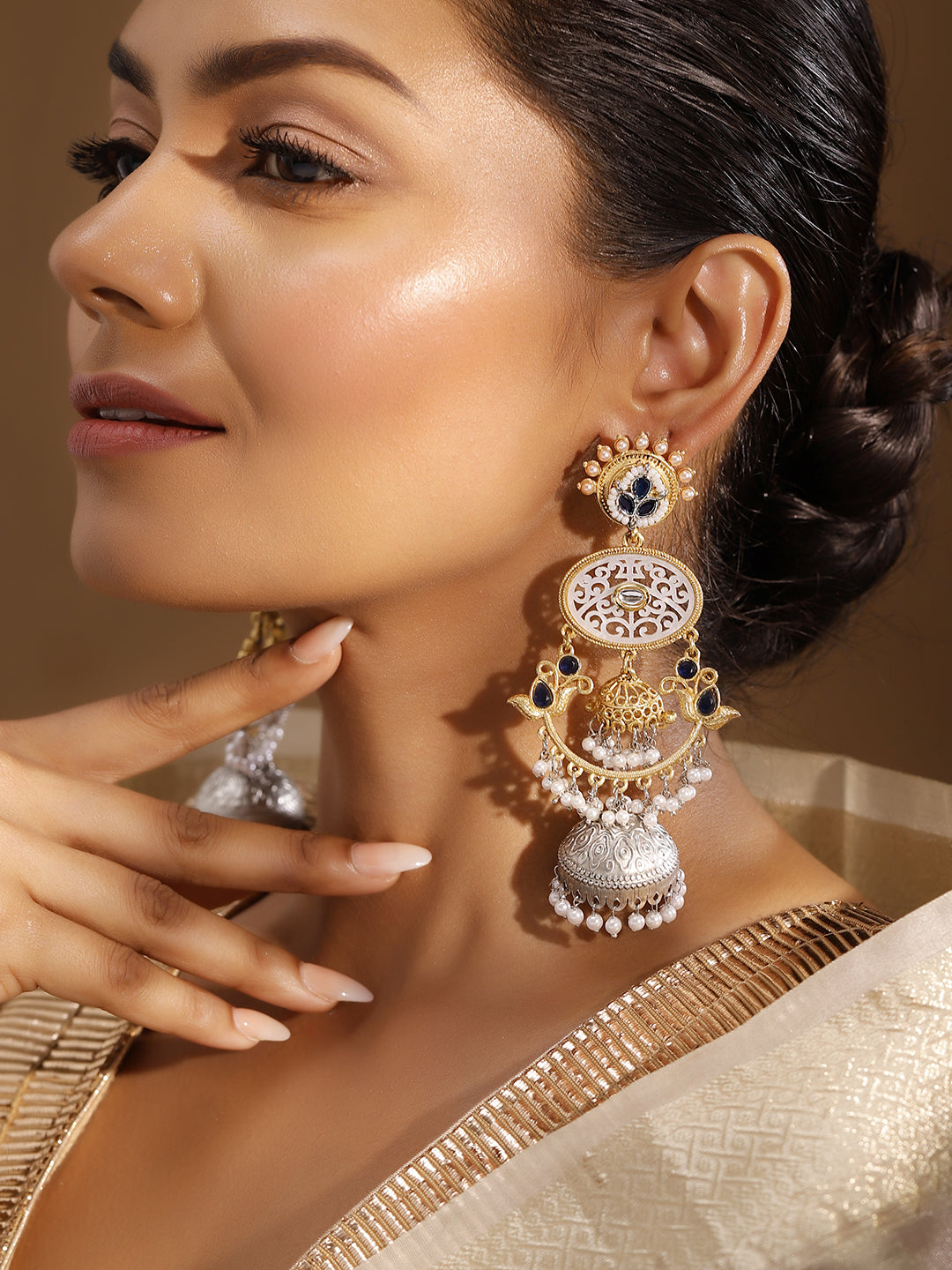 Ishin Blue Colour Silver Plated Beads Jhumka Earring