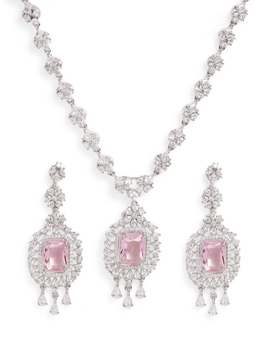 Ishin Pink Colour Silver Plated American Diamond Jewellery Set